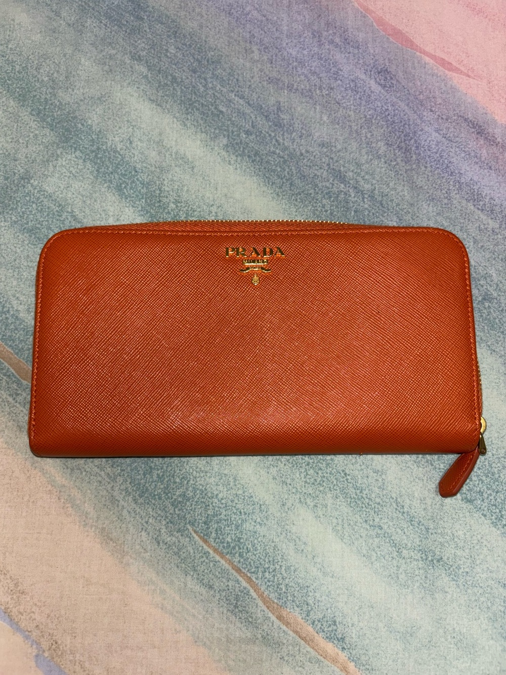 PRADA Saffiano Metal Zip Around Wallet burnt orange